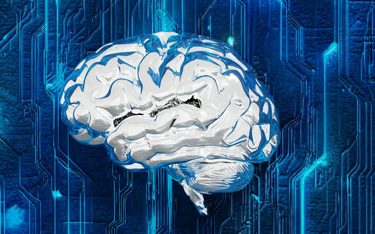 A circuit board with a glowing brain